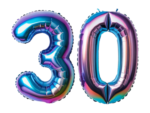 Number 30 made of holographic balloon on transparent background PNG - Powered by Adobe