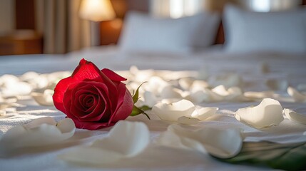 Obraz premium A single red rose lies on a bed of white rose petals. The image is perfect for