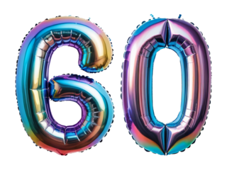 Number 60 made of holographic balloon on transparent background PNG