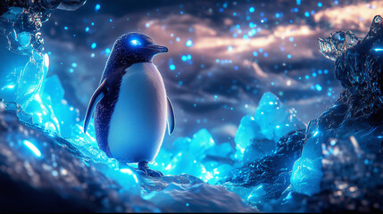 Naklejka premium Penguin Surrounded By Glowing Blue Ice Crystals Under A Cosmic Sky In A Surreal Arctic Setting