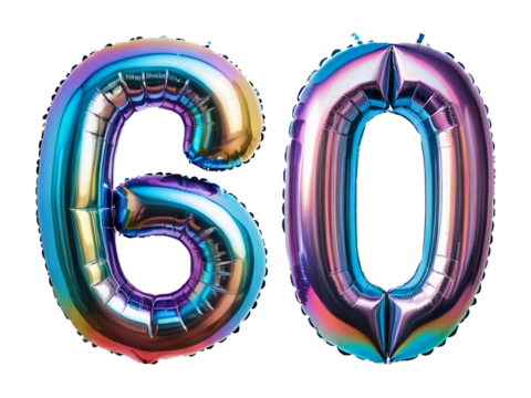Number 60 made of holographic balloon on transparent background PNG