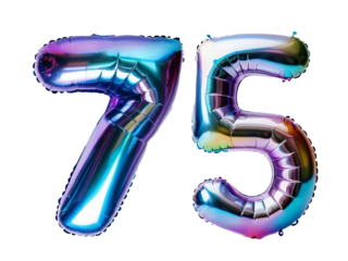 Number 75 made of holographic balloon on transparent background PNG