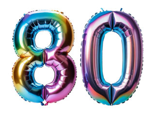 Number 80 made of holographic balloon on transparent background PNG