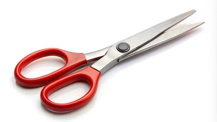 Red scissors lying open on a white surface, sharp blades reflecting light