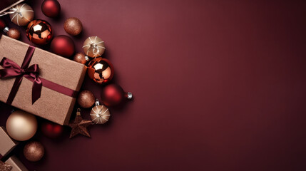 Top view of gifts, bows and Christmas decorations on a maroon background
