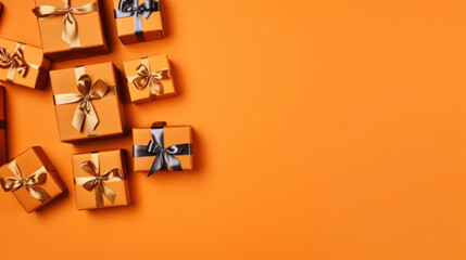 Obraz premium Top view of gifts, bows and Christmas decorations on a orange background