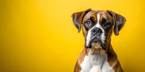 Perro Boxer posing in front of a beautiful yellow background , Boxer, dog, pet, yellow, backdrop, posing, beautiful, vibrant