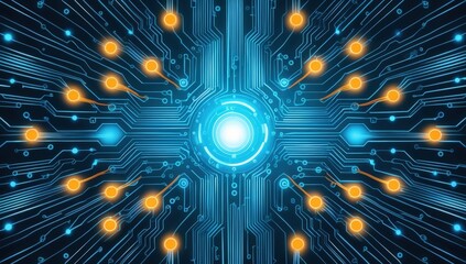 Conceptual image of a computerized network with interconnected paths and a bright central hub