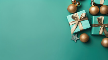 Top view of gifts, bows and Christmas decorations on a cyan background