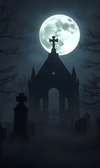Fototapeta premium Photograph close to an abandoned and ruined cemetery with a huge full moon. Fog, smoke, dark tones, night time, moonlight and dark shadows.
