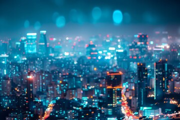 Fototapeta premium Zoom out to a wide shot of the city skyline at night, contrasting the vastness of the world beyond with the student's internal struggles. , background blur