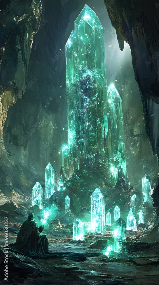 Poster 37. an enigmatic oracle in a hidden cave, surrounded by glowing crystals and ancient artifacts