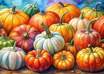 Colorful pumpkin watercolor artworks perfect for autumn and harvest-themed decor, providing art inspiration to celebrate the seasonâ€™s warmth and beauty in your space.