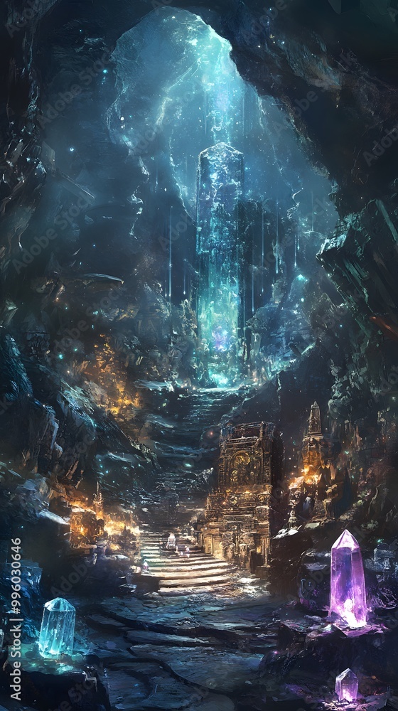 Aufkleber 37. an enigmatic oracle in a hidden cave, surrounded by glowing crystals and ancient artifacts
