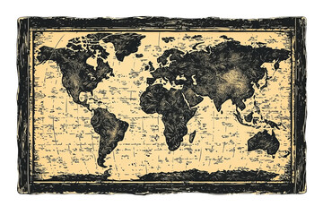 Vintage world map illustration with detailed geography.