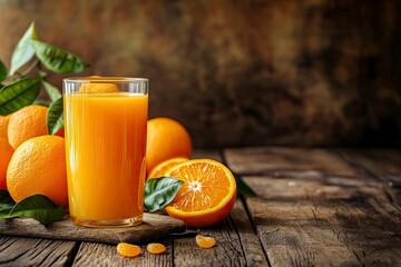 Fresh orange juice on wood background - healthy drink witth generative ai