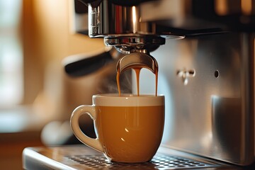 Espresso pouring into a cup. Perfect for coffee shop, beverage, and caffeine related content.
