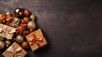 Top view of gifts, bows and Christmas decorations on a dark brown background