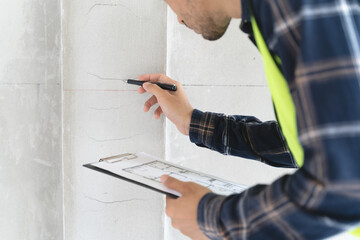 Asian inspector checking structure of new property and taking note in the clipboard for review and...