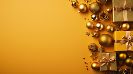 Obraz premium Top view of gifts, bows and Christmas decorations on a dark yellow background