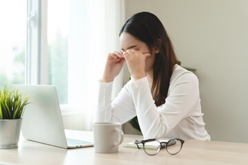 Eye problem concept, fatigue asian young woman tired eyes, irritated rubbing eye dry relief vision...