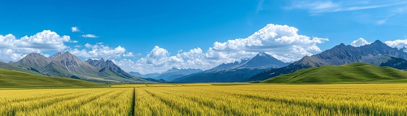 Fototapeta premium Golden fields stretching out towards distant mountains under a vibrant blue sky with fluffy white clouds