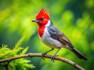 Fototapeta premium Brilliant red-crested cardinal sits gracefully on a branch, beautifully contrasting with a lush green backdrop, showcasing its vibrant colors in a serene natural habitat.