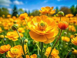 Obraz premium Bright buttercup flowers blossom in a natural landscape, embodying the essence of spring with their radiant colors and cheerful presence, inviting joy and renewal.