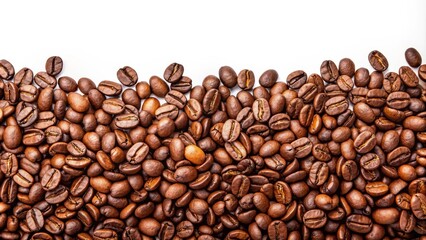Fototapeta premium Roasted coffee beans forming a bottom border on a white background, perfect for coffee themed designs