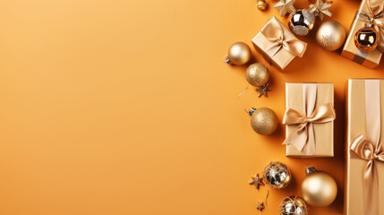 Obraz premium Top view of gifts, bows and Christmas decorations on a light orange background