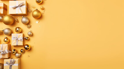 Fototapeta premium Top view of gifts, bows and Christmas decorations on a light yellow background