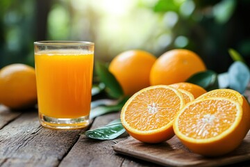 Fresh orange juice on wood background - healthy drink witth generative ai
