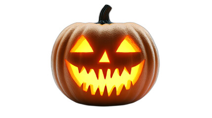 A glowing jack-o-lantern with a sinister grin isolated on a plain white background
