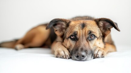 Obraz premium A Close-up of a Brown and Black Dog Lying on a White Surface with its Paws Resting on the Surface and its Eyes Gazing Directly at the Camera