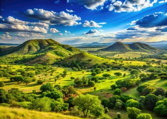 Fototapeta premium Breathtaking Musina scenery features rolling hills adorned with lush greenery, all under a bright blue sky, showcasing the beauty and serenity of nature.