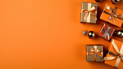Top view of gifts, bows and Christmas decorations on a vivid orange background