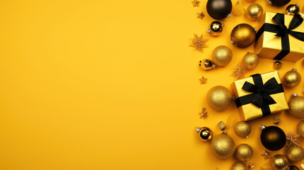 Obraz premium Top view of gifts, bows and Christmas decorations on a vivid yellow background