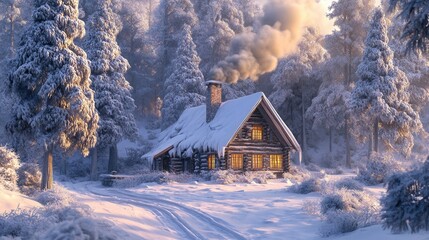 A snow-covered cabin in the woods, with smoke rising from the chimney and a warm glow from the...