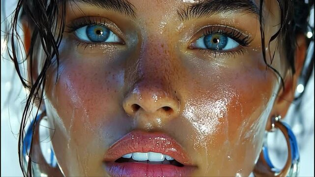 Face of a woman with blue eyes and shiny, moist skin with water droplets on her face, extreme close-up