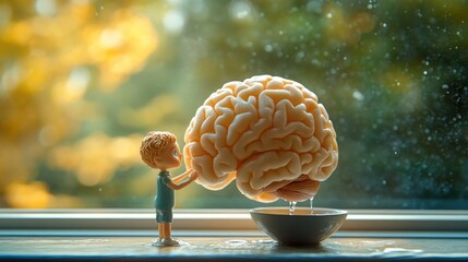 A small figurine of a boy tries to hold back a giant brain from dripping into a bowl.