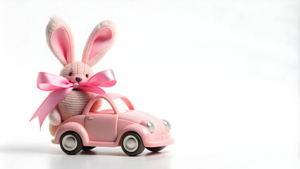 Pink toy car with ribbon and bunny ears isolated on white background render, pink, toy car, ribbon, bunny ears