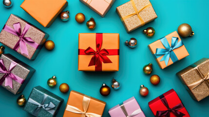 Top view of gifts, bows and Christmas decorations on a colorful background