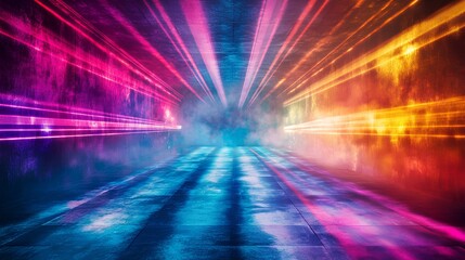 A vibrant, futuristic scene featuring radiant beams of light in pink, purple, and orange colors illuminating a misty pathway.