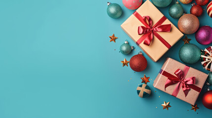 Top view of gifts, bows and Christmas decorations on a colorful background