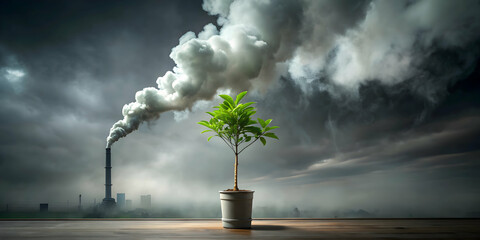 Plant emitting smoke and smog into misty cloudy atmosphere , pollution, industrial, emissions, environment, factory
