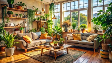 Fototapeta premium A warm, inviting living room filled with natural light, greenery, and earthy decor, fostering a tranquil indoor ambiance perfect for relaxation and rejuvenation.