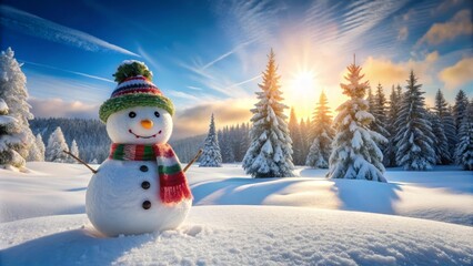 Obraz premium Happy snowman is standing in a snowy forest with the sun setting behind it