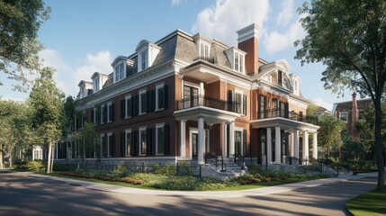 Fototapeta premium A stately brick mansion with a porch and columns, surrounded by lush greenery and a cobblestone road.