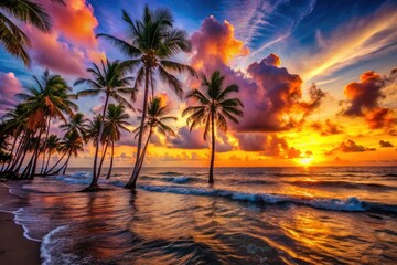 A vivid sunset casts brilliant colors across the sky, illuminating calm ocean waves and silhouetting palm trees that create a serene tropical paradise.