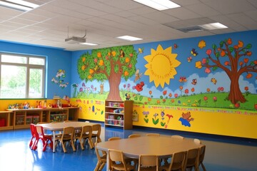 Cheerful kindergarten classroom decorated with colorful drawings